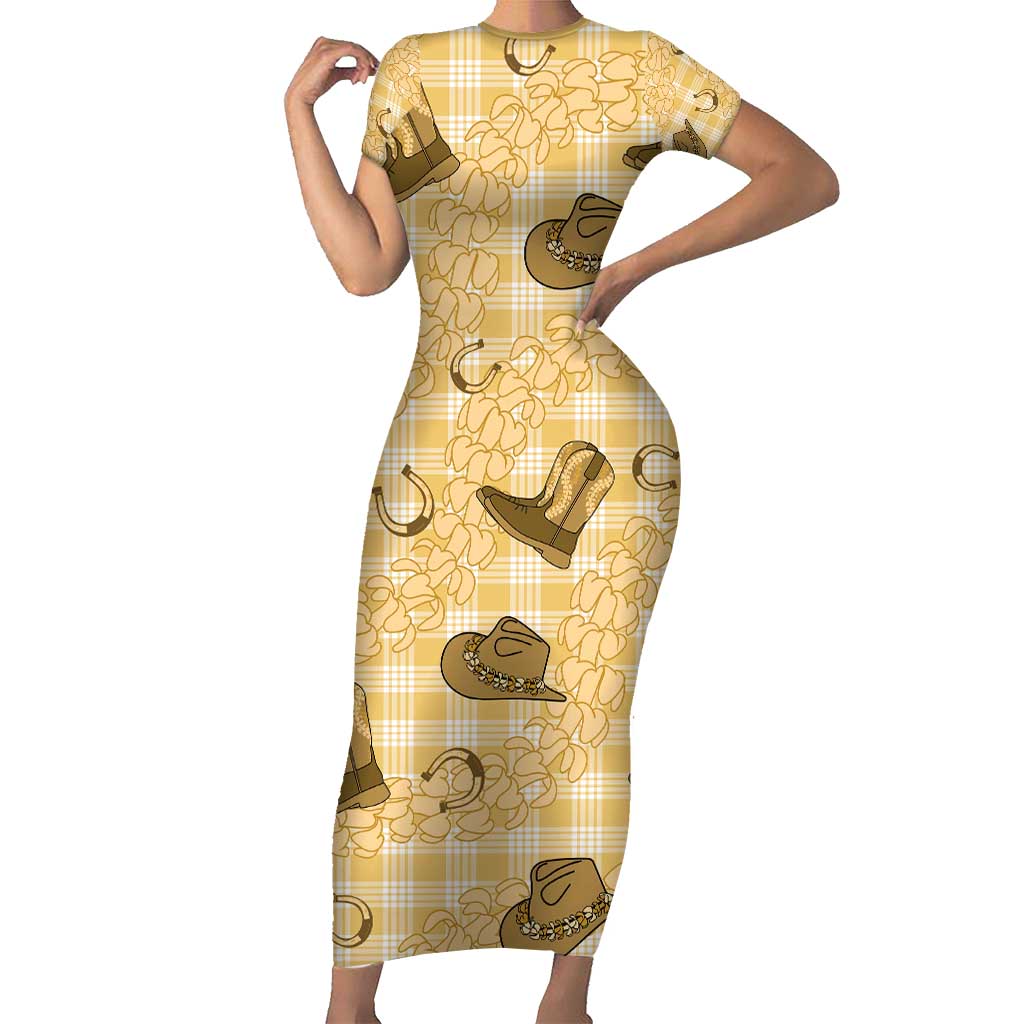 Yellow Palaka Hawaii Cowboy Family Matching Short Sleeve Bodycon Dress and Hawaiian Shirt Puakenikeni Lei Paniolo Papale Seamless Vibes - Polynesian Pride