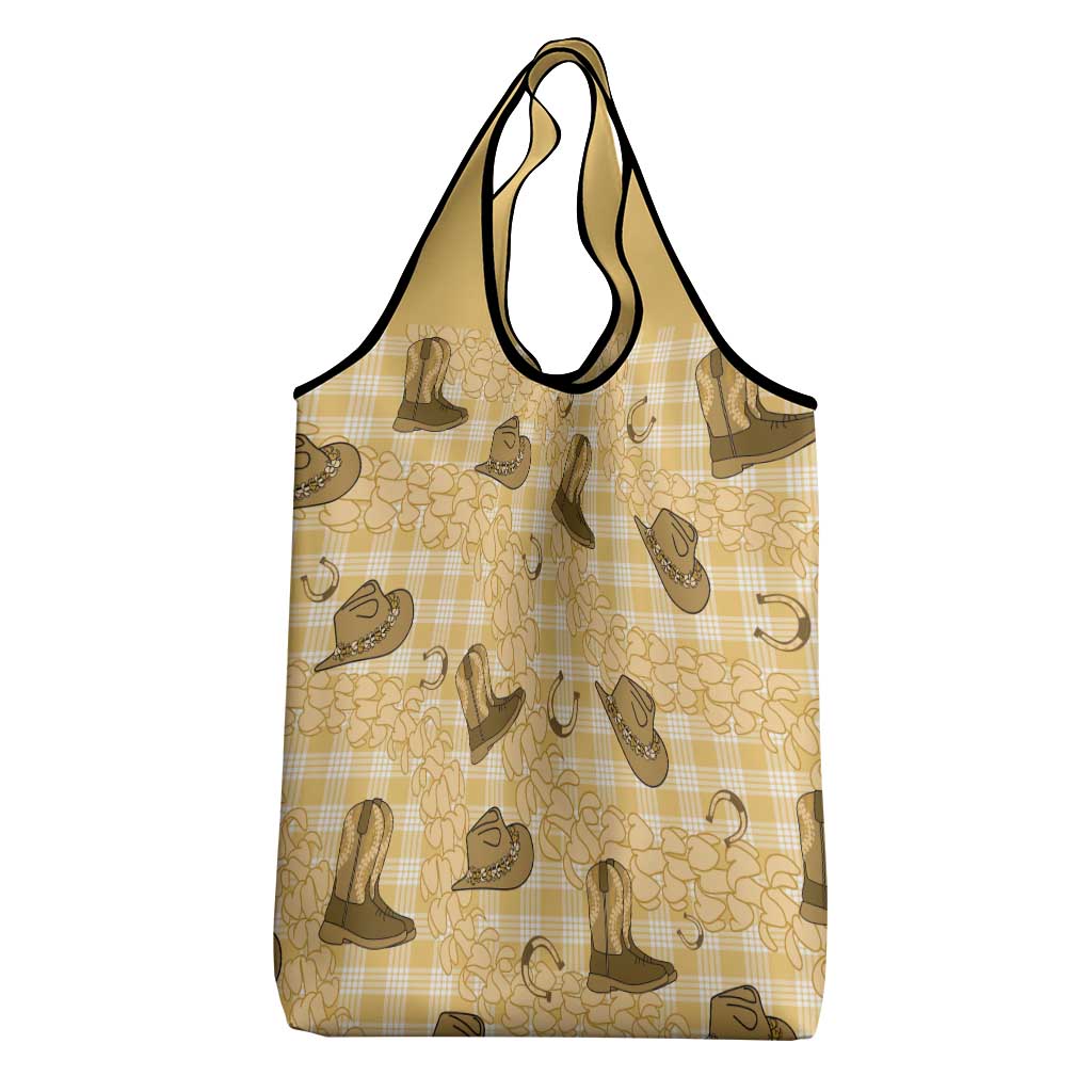 Yellow Palaka Hawaii Cowboy Grocery Bag Puakenikeni Lei Paniolo Papale Seamless Vibes - Polynesian Pride