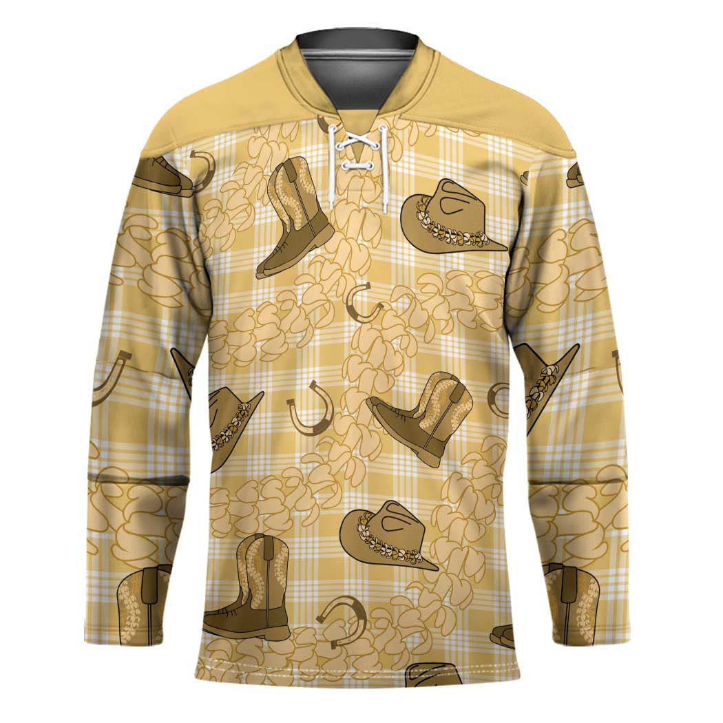 Yellow Palaka Hawaii Cowboy Hockey Jersey Puakenikeni Lei Paniolo Papale Seamless Vibes - Polynesian Pride