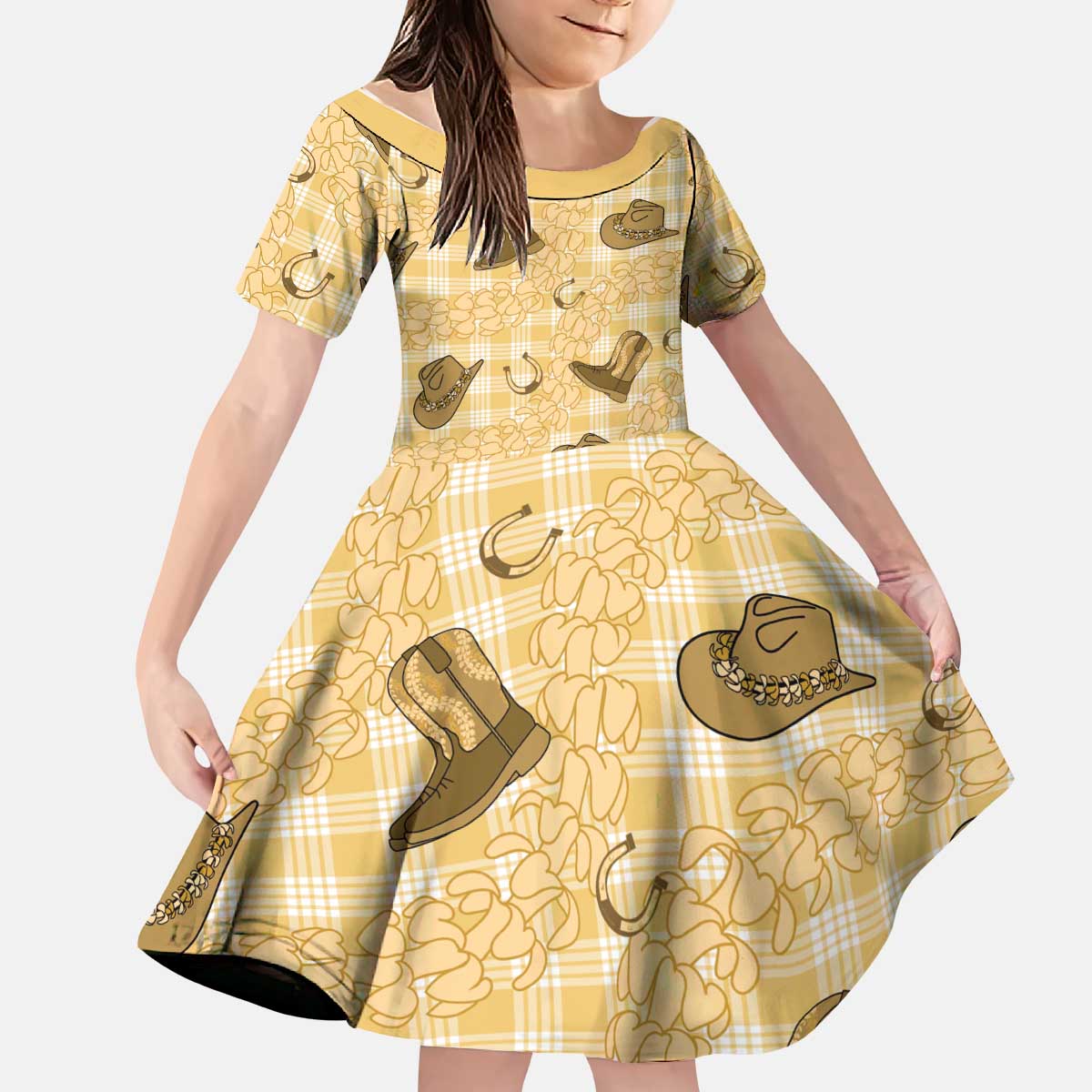 Yellow Palaka Hawaii Cowboy Kid Short Sleeve Dress Puakenikeni Lei Paniolo Papale Seamless Vibes - Polynesian Pride