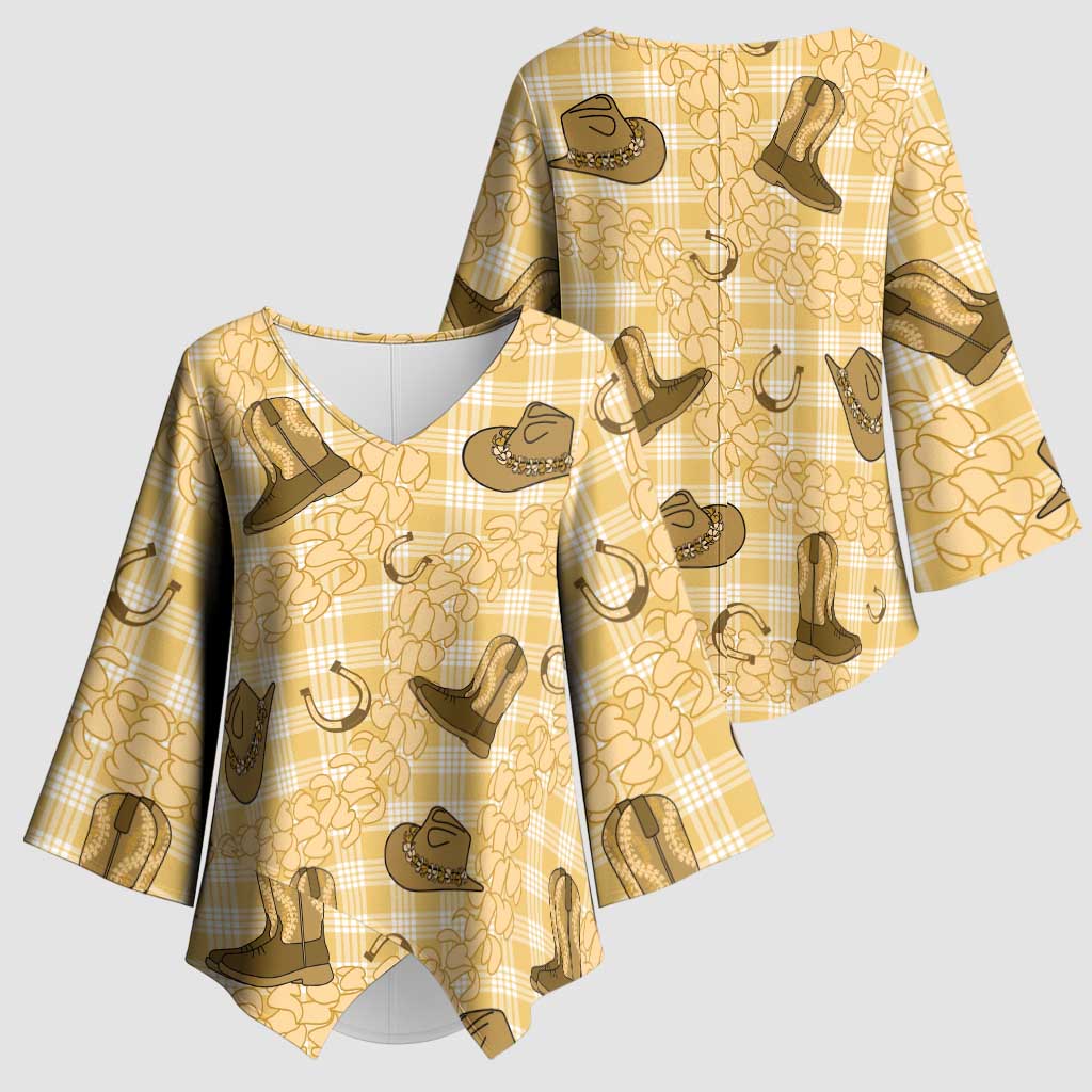 Yellow Palaka Hawaii Cowboy Kimono Sleeve Blouse Puakenikeni Lei Paniolo Papale Seamless Vibes - Polynesian Pride
