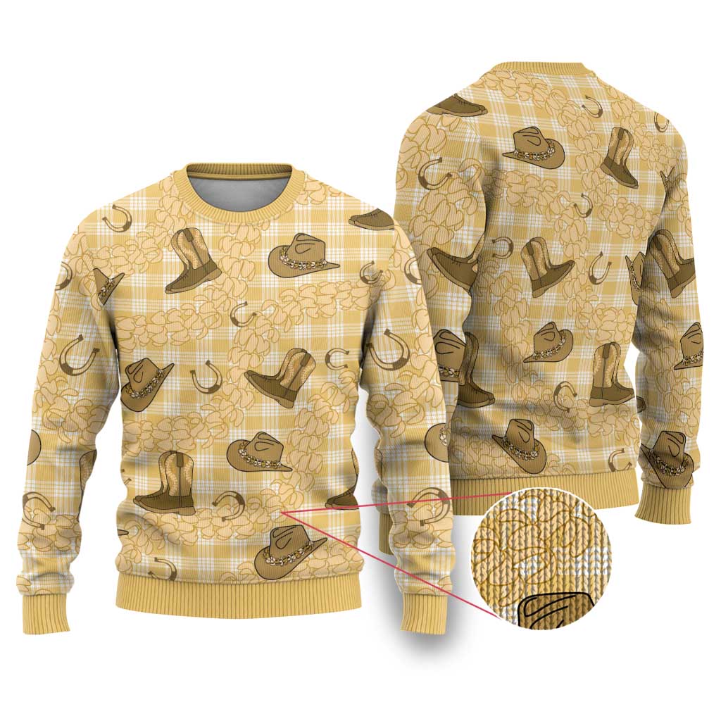 Yellow Palaka Hawaii Cowboy Ugly Christmas Sweater Puakenikeni Lei Paniolo Papale Seamless Vibes - Polynesian Pride