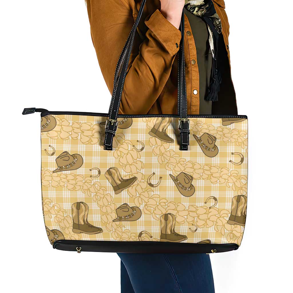 Yellow Palaka Hawaii Cowboy Leather Tote Bag Puakenikeni Lei Paniolo Papale Seamless Vibes LT14 - Polynesian Pride