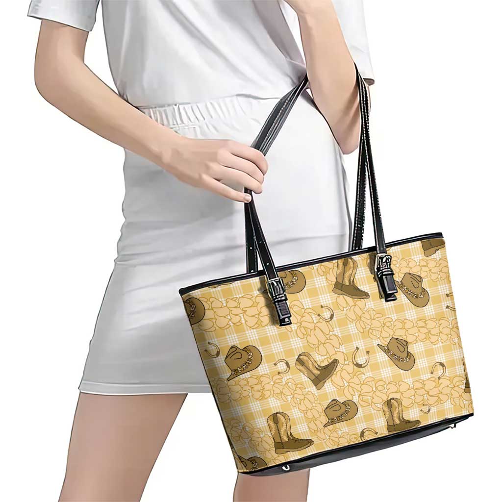 Yellow Palaka Hawaii Cowboy Leather Tote Bag Puakenikeni Lei Paniolo Papale Seamless Vibes LT14 - Polynesian Pride