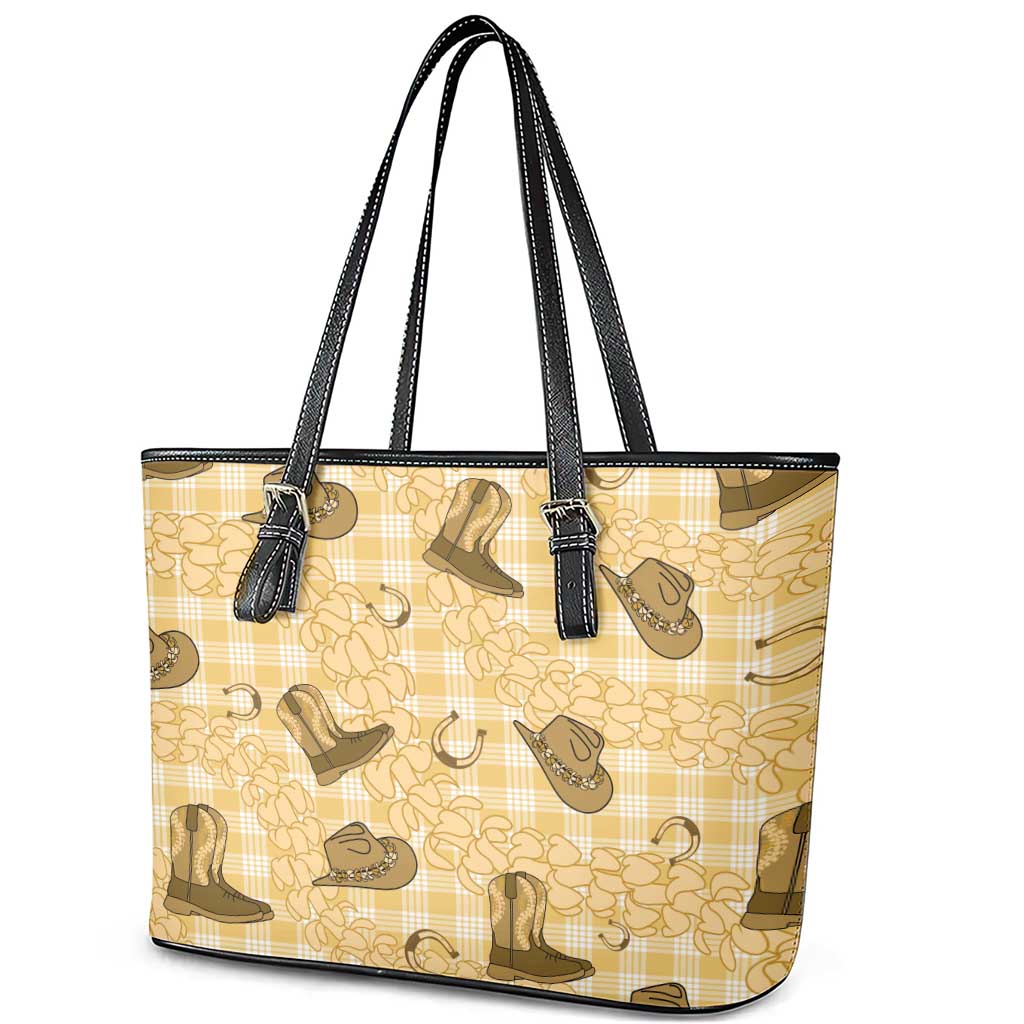 Yellow Palaka Hawaii Cowboy Leather Tote Bag Puakenikeni Lei Paniolo Papale Seamless Vibes LT14 - Polynesian Pride