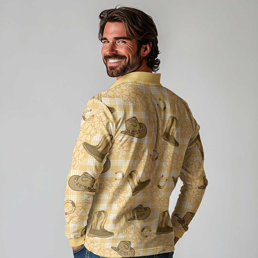 Yellow Palaka Hawaii Cowboy Long Sleeve Polo Shirt Puakenikeni Lei Paniolo Papale Seamless Vibes - Polynesian Pride