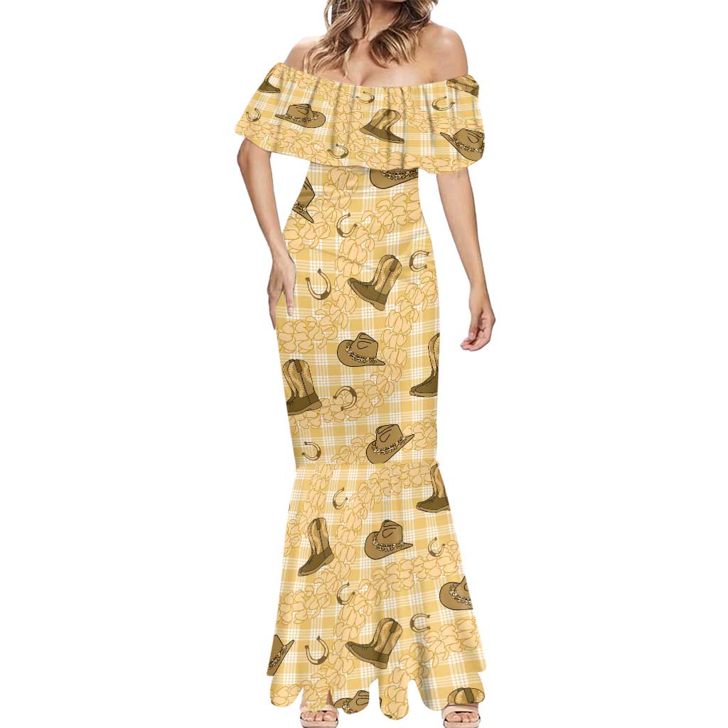 Yellow Palaka Hawaii Cowboy Mermaid Dress Puakenikeni Lei Paniolo Papale Seamless Vibes - Polynesian Pride