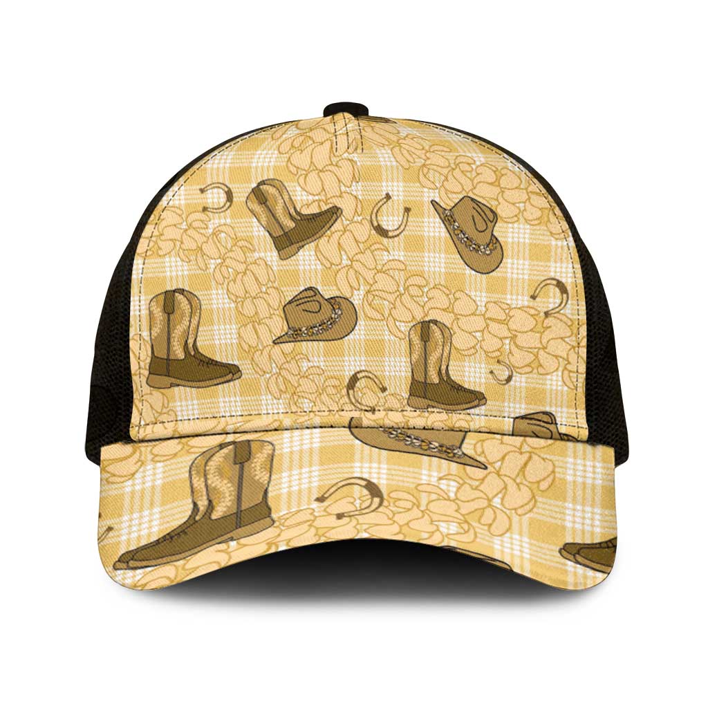 Yellow Palaka Hawaii Cowboy Mesh Trucker Cap Puakenikeni Lei Paniolo Papale Seamless Vibes - Polynesian Pride