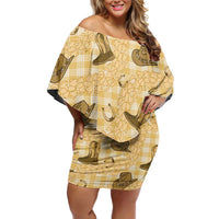 Yellow Palaka Hawaii Cowboy Off Shoulder Short Dress Puakenikeni Lei Paniolo Papale Seamless Vibes - Polynesian Pride