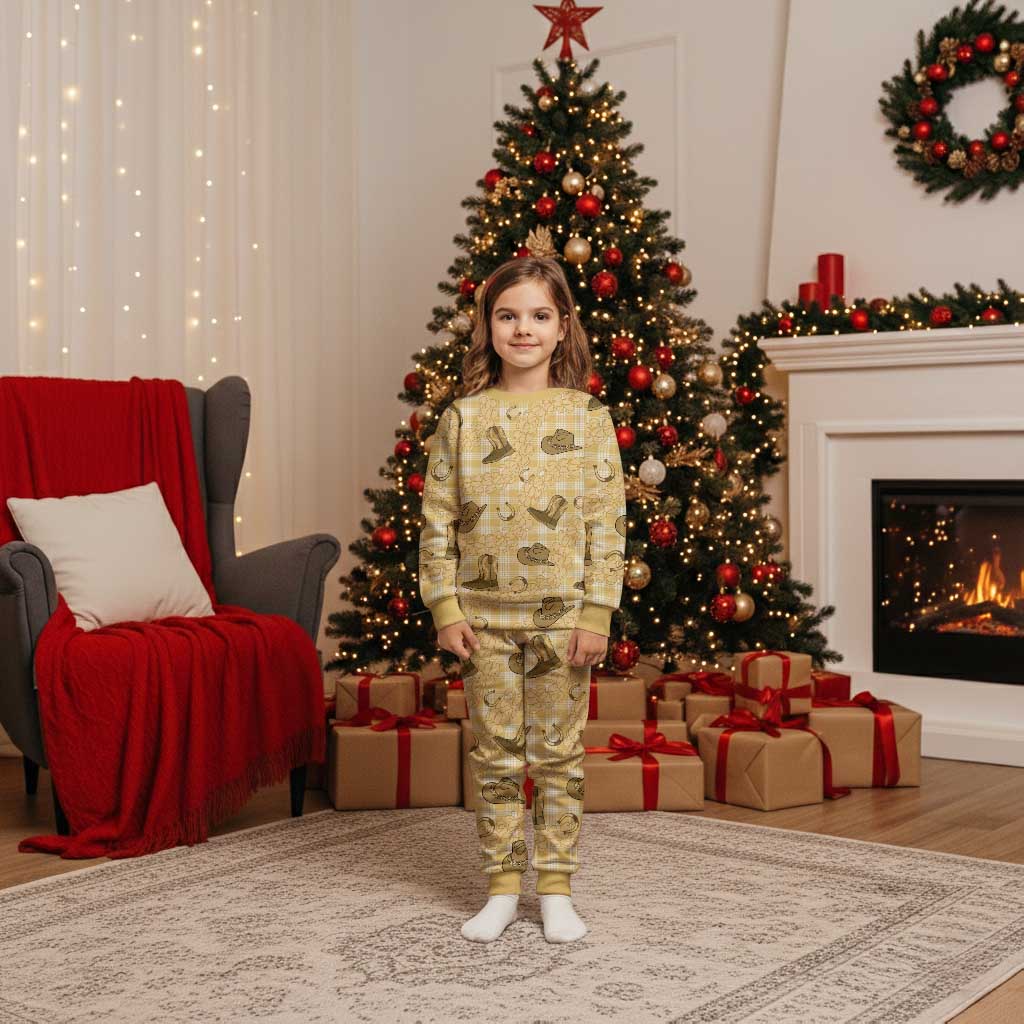 Yellow Palaka Hawaii Cowboy Christmas Pajama Set Puakenikeni Lei Paniolo Papale Seamless Vibes LT14 Kid Yellow - Polynesian Pride