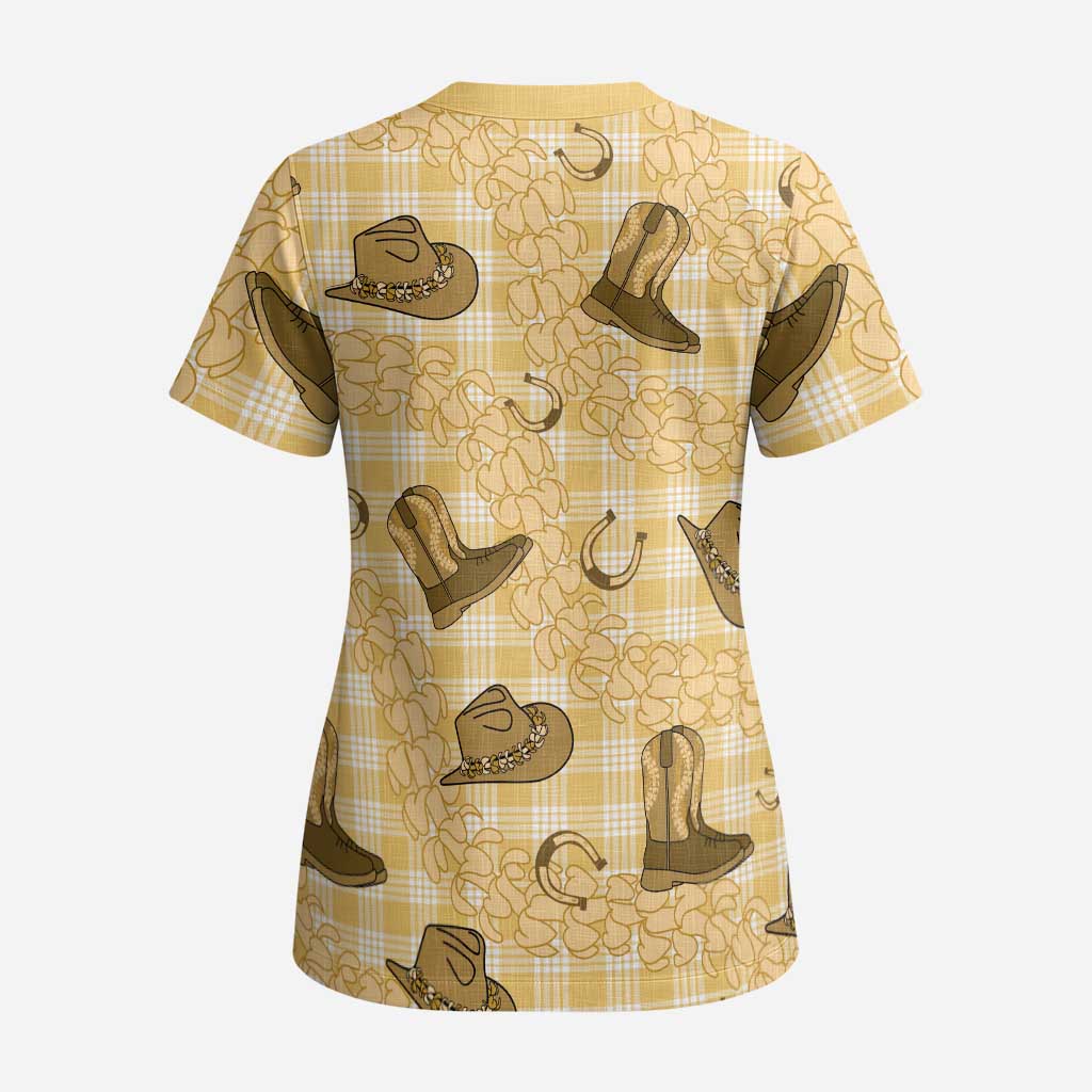Yellow Palaka Hawaii Cowboy Scrub Top Puakenikeni Lei Paniolo Papale Seamless Vibes - Polynesian Pride