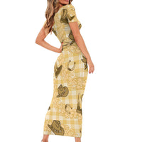 Yellow Palaka Hawaii Cowboy Short Sleeve Bodycon Dress Puakenikeni Lei Paniolo Papale Seamless Vibes - Polynesian Pride
