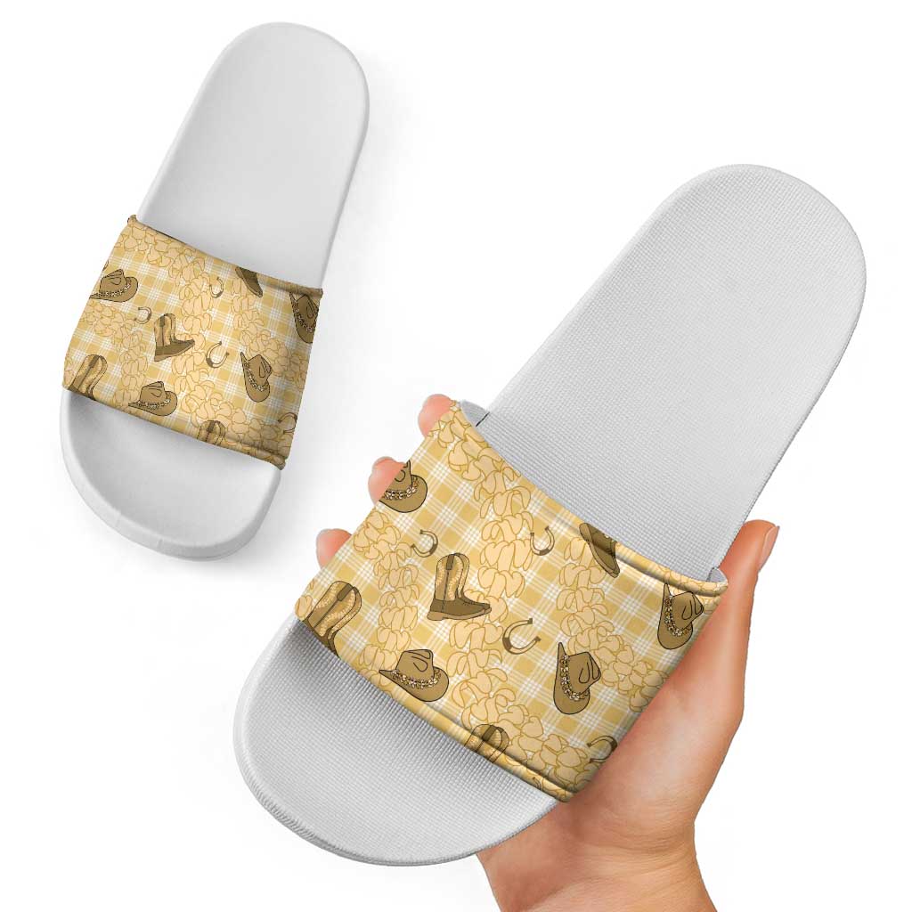 Yellow Palaka Hawaii Cowboy Slide Sandals Puakenikeni Lei Paniolo Papale Seamless Vibes LT14 - Polynesian Pride