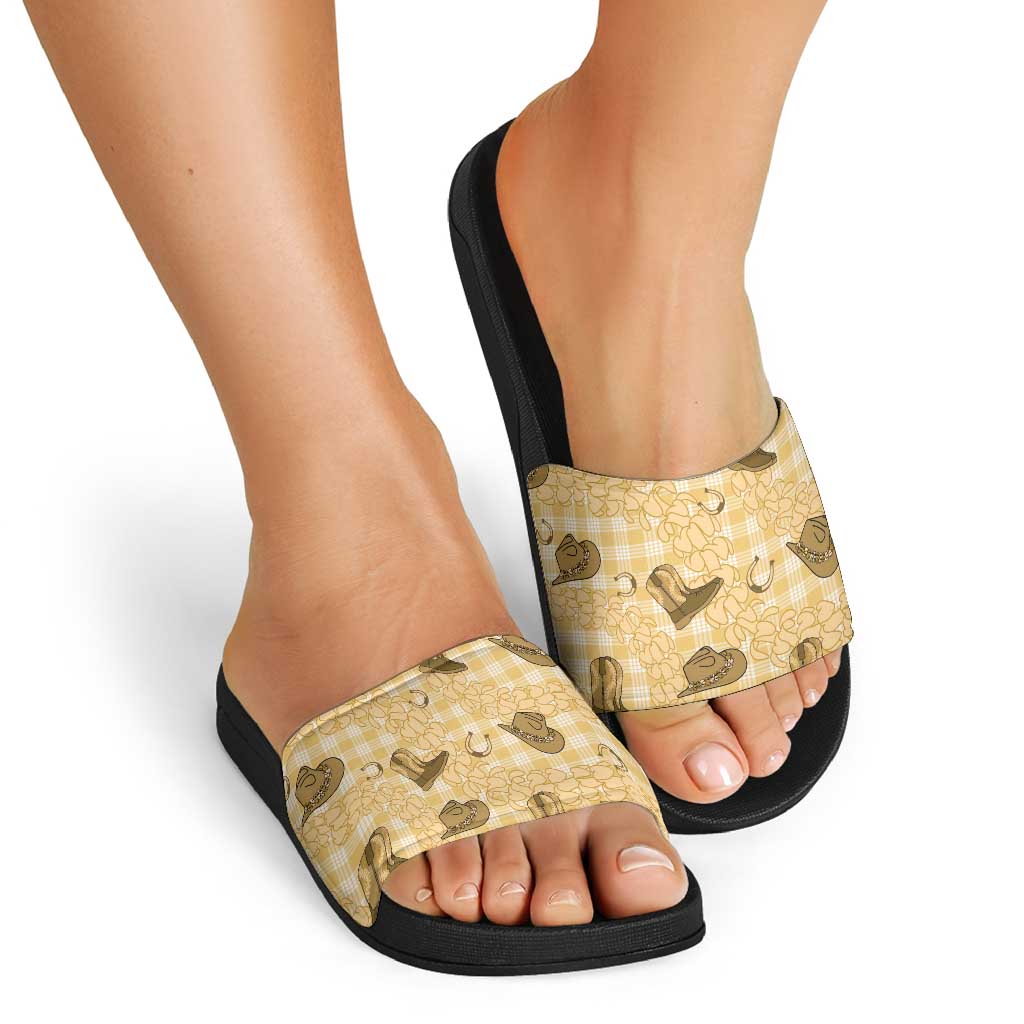 Yellow Palaka Hawaii Cowboy Slide Sandals Puakenikeni Lei Paniolo Papale Seamless Vibes LT14 - Polynesian Pride