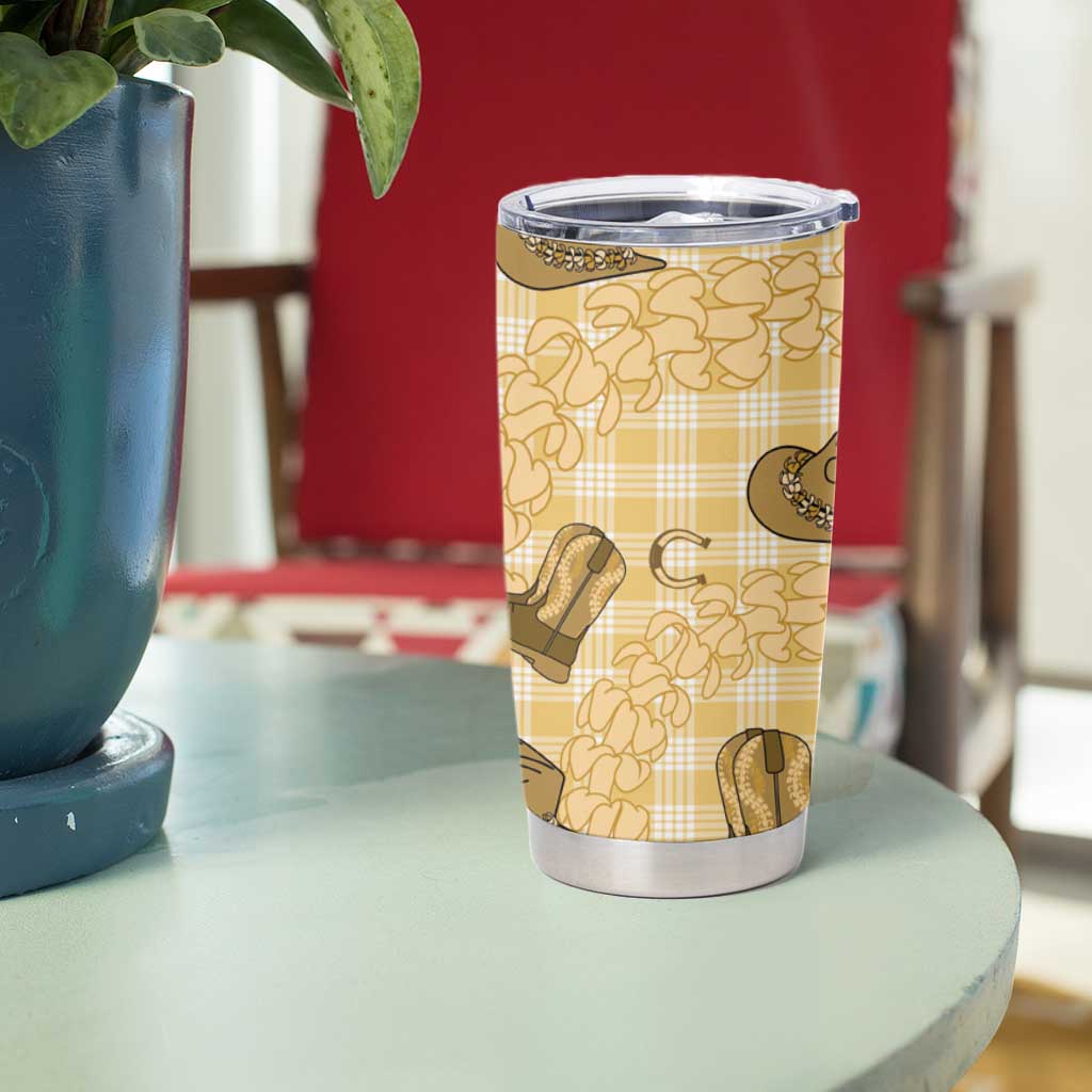 Yellow Palaka Hawaii Cowboy Tumbler Cup Puakenikeni Lei Paniolo Papale Seamless Vibes - Polynesian Pride