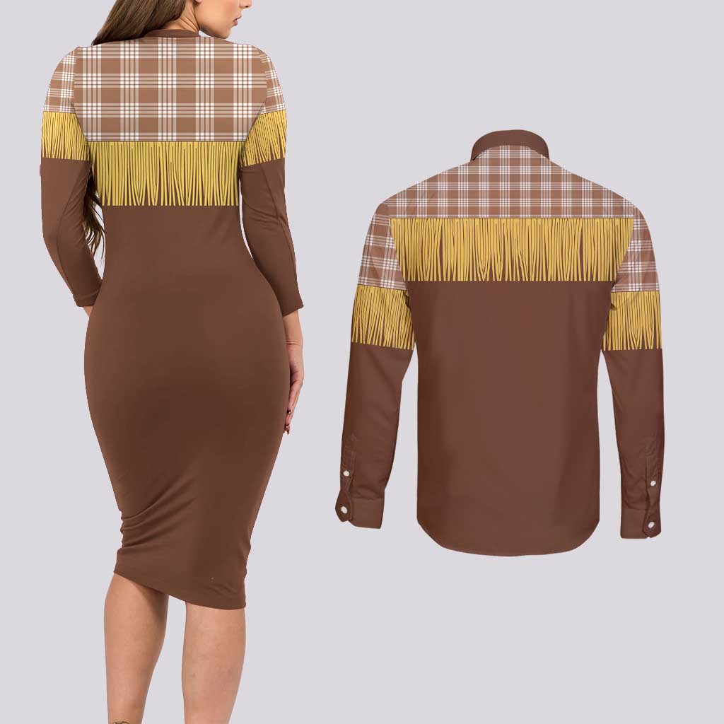 Aloha Hawaii Cowboy Custome Couples Matching Long Sleeve Bodycon Dress and Long Sleeve Button Shirt Puakenikeni Lei Palaka Tassel Style - Polynesian Pride