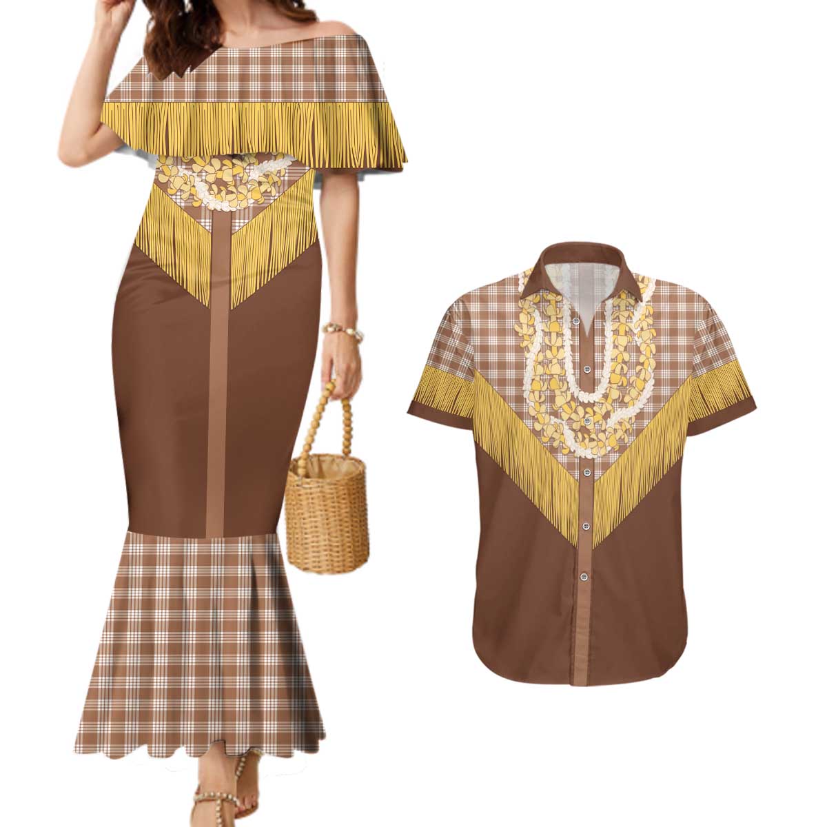 Aloha Hawaii Cowboy Custome Couples Matching Mermaid Dress and Hawaiian Shirt Puakenikeni Lei Palaka Tassel Style - Polynesian Pride