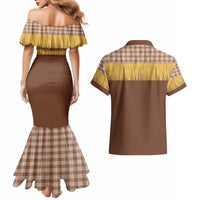 Aloha Hawaii Cowboy Custome Couples Matching Mermaid Dress and Hawaiian Shirt Puakenikeni Lei Palaka Tassel Style - Polynesian Pride