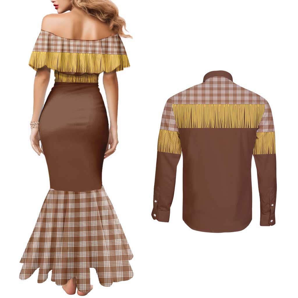 Aloha Hawaii Cowboy Custome Couples Matching Mermaid Dress and Long Sleeve Button Shirt Puakenikeni Lei Palaka Tassel Style - Polynesian Pride