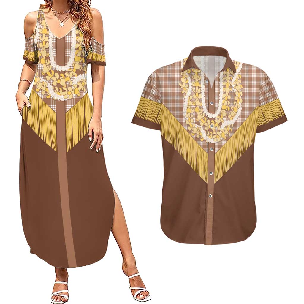 Aloha Hawaii Cowboy Custome Couples Matching Summer Maxi Dress and Hawaiian Shirt Puakenikeni Lei Palaka Tassel Style - Polynesian Pride