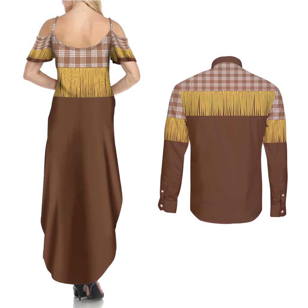 Aloha Hawaii Cowboy Custome Couples Matching Summer Maxi Dress and Long Sleeve Button Shirt Puakenikeni Lei Palaka Tassel Style - Polynesian Pride