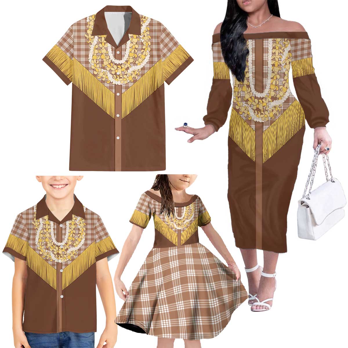 Aloha Hawaii Cowboy Custome Family Matching Off The Shoulder Long Sleeve Dress and Hawaiian Shirt Puakenikeni Lei Palaka Tassel Style - Polynesian Pride
