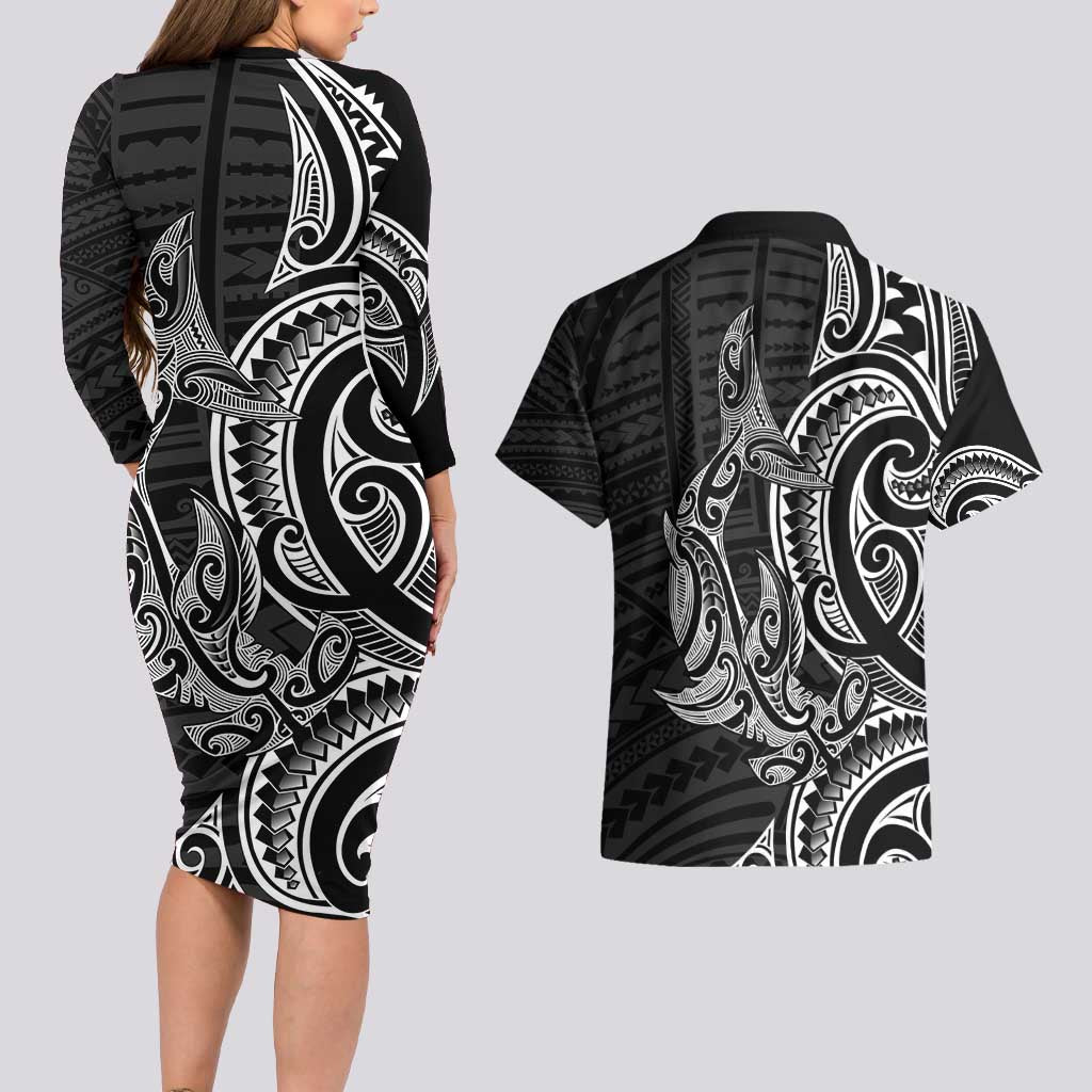 New Zealand Hammerhead Shark Couples Matching Long Sleeve Bodycon Dress and Hawaiian Shirt Maori Haehae Mangopare Black - Polynesian Pride