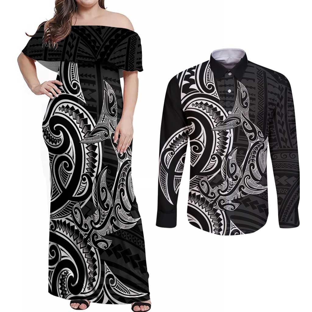 New Zealand Hammerhead Shark Couples Matching Off Shoulder Maxi Dress and Long Sleeve Button Shirt Maori Haehae Mangopare Black - Polynesian Pride