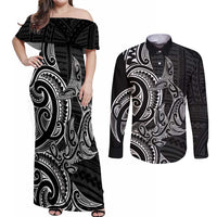New Zealand Hammerhead Shark Couples Matching Off Shoulder Maxi Dress and Long Sleeve Button Shirt Maori Haehae Mangopare Black - Polynesian Pride