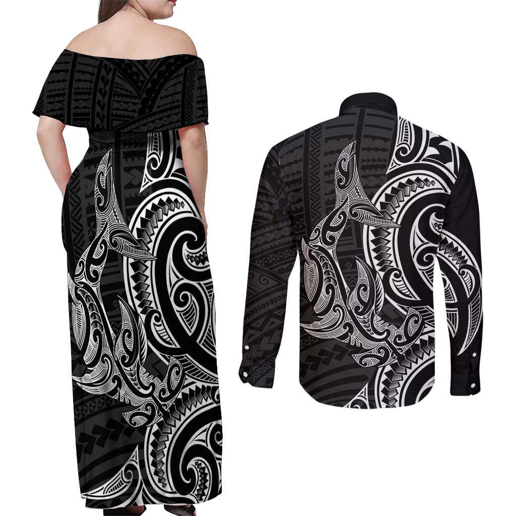 New Zealand Hammerhead Shark Couples Matching Off Shoulder Maxi Dress and Long Sleeve Button Shirt Maori Haehae Mangopare Black - Polynesian Pride