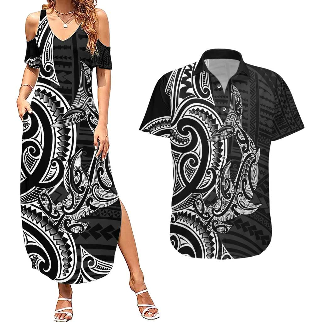 New Zealand Hammerhead Shark Couples Matching Summer Maxi Dress and Hawaiian Shirt Maori Haehae Mangopare Black - Polynesian Pride