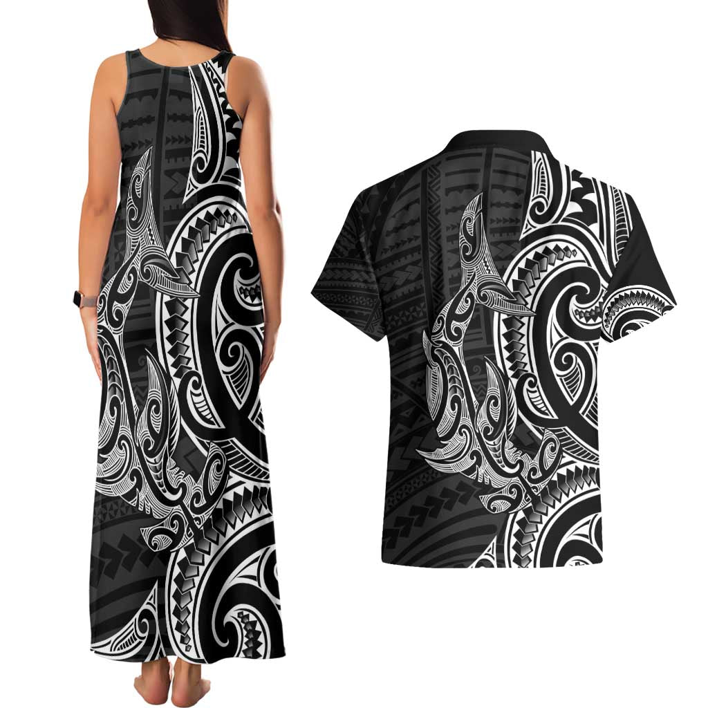 New Zealand Hammerhead Shark Couples Matching Tank Maxi Dress and Hawaiian Shirt Maori Haehae Mangopare Black - Polynesian Pride