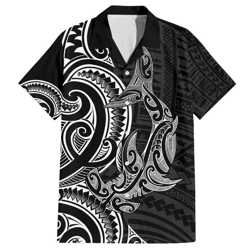 New Zealand Hammerhead Shark Family Matching Long Sleeve Bodycon Dress and Hawaiian Shirt Maori Haehae Mangopare Black - Polynesian Pride