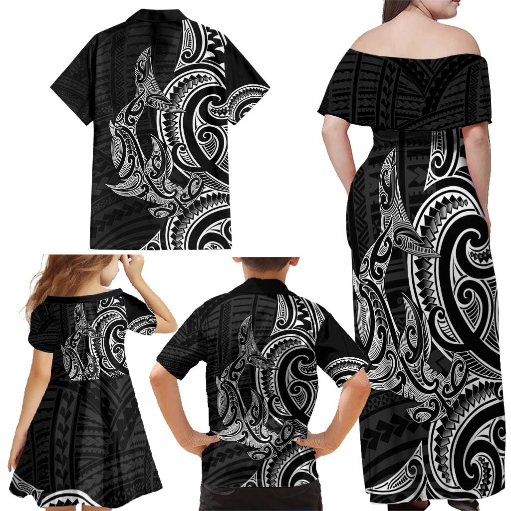 New Zealand Hammerhead Shark Family Matching Off Shoulder Maxi Dress and Hawaiian Shirt Maori Haehae Mangopare Black - Polynesian Pride