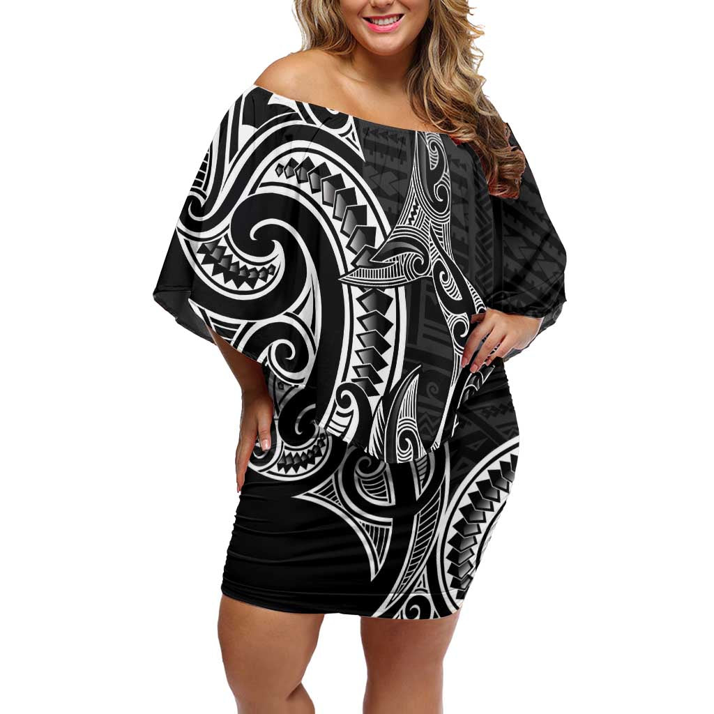 New Zealand Hammerhead Shark Family Matching Off Shoulder Short Dress and Hawaiian Shirt Maori Haehae Mangopare Black - Polynesian Pride