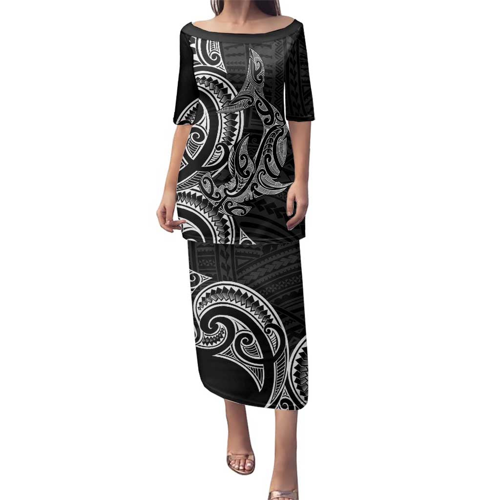 New Zealand Hammerhead Shark Family Matching Puletasi and Hawaiian Shirt Maori Haehae Mangopare Black - Polynesian Pride