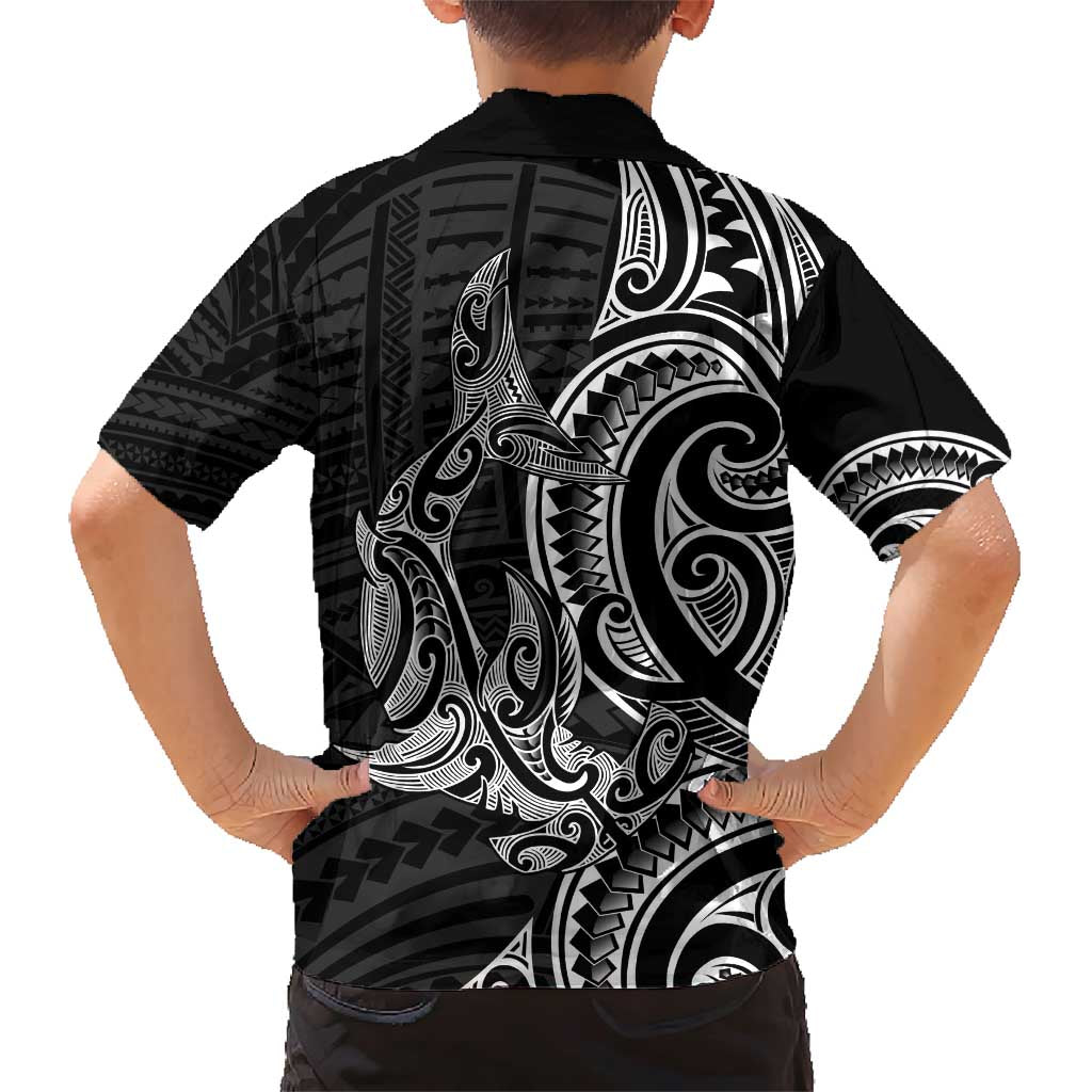 New Zealand Hammerhead Shark Family Matching Short Sleeve Bodycon Dress and Hawaiian Shirt Maori Haehae Mangopare Black - Polynesian Pride