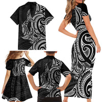 New Zealand Hammerhead Shark Family Matching Short Sleeve Bodycon Dress and Hawaiian Shirt Maori Haehae Mangopare Black - Polynesian Pride