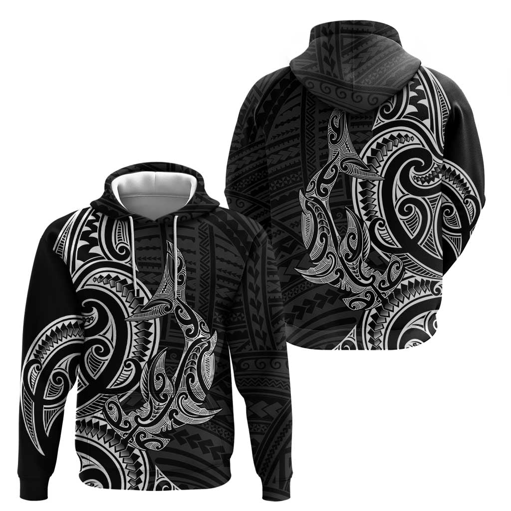New Zealand Hammerhead Shark Hoodie Maori Haehae Mangopare Black - Polynesian Pride