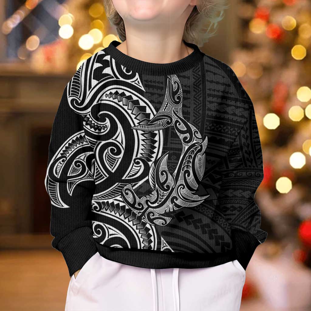 New Zealand Hammerhead Shark Kid Ugly Christmas Sweater Maori Haehae Mangopare Black - Polynesian Pride