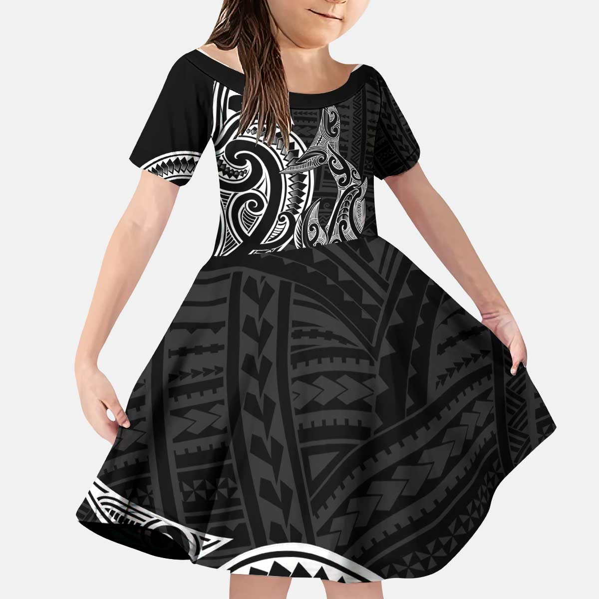 New Zealand Hammerhead Shark Kid Short Sleeve Dress Maori Haehae Mangopare Black LT14 KID Black - Polynesian Pride