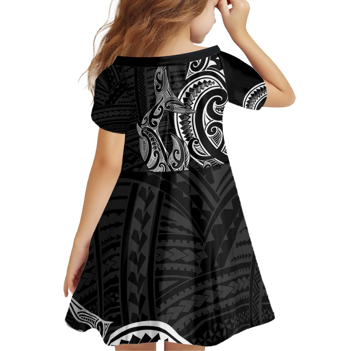 New Zealand Hammerhead Shark Kid Short Sleeve Dress Maori Haehae Mangopare Black LT14 - Polynesian Pride