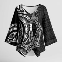 New Zealand Hammerhead Shark Kimono Sleeve Blouse Maori Haehae Mangopare Black - Polynesian Pride