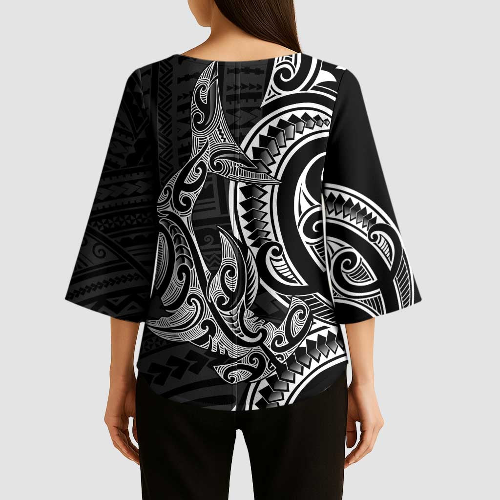 New Zealand Hammerhead Shark Kimono Sleeve Blouse Maori Haehae Mangopare Black - Polynesian Pride