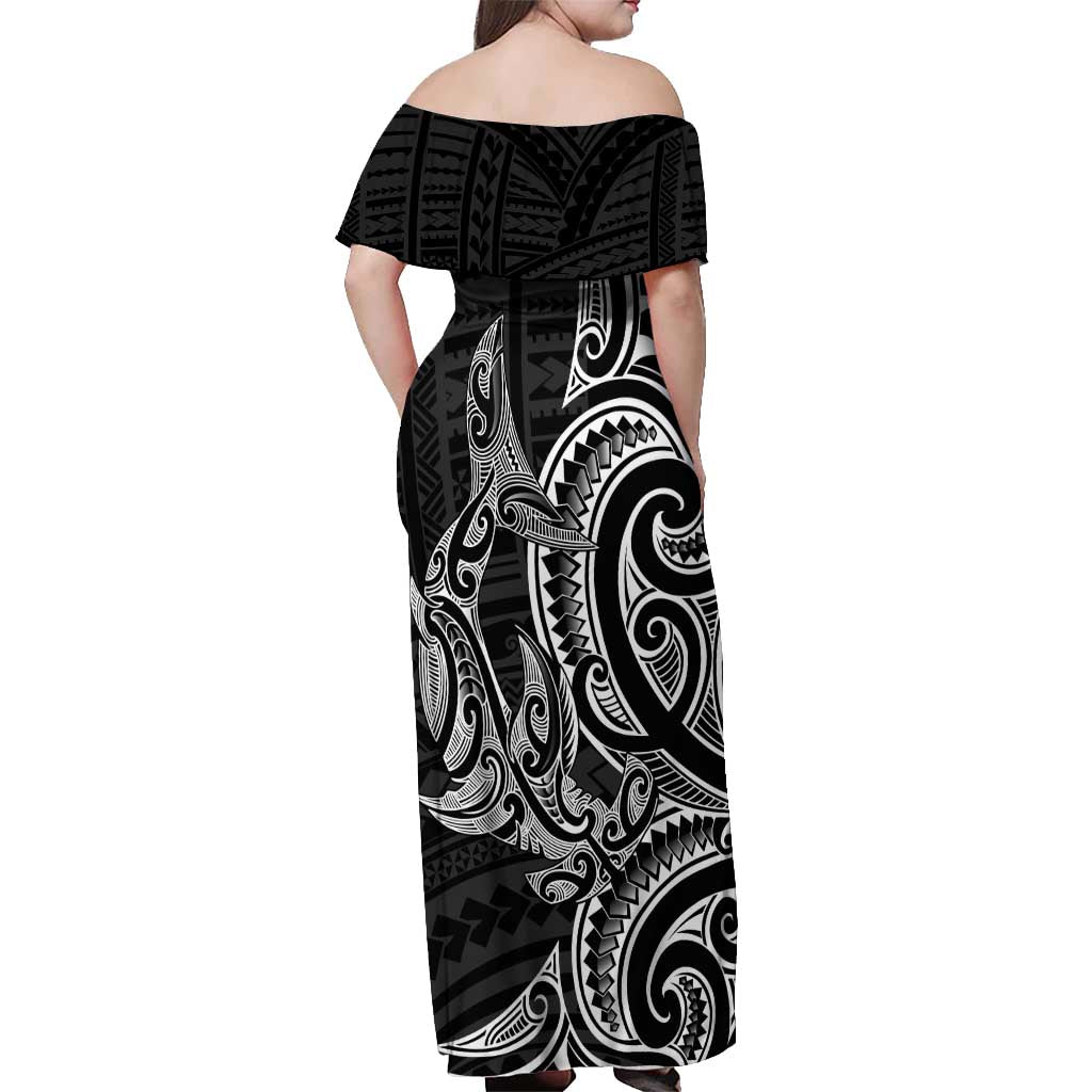 New Zealand Hammerhead Shark Off Shoulder Maxi Dress Maori Haehae Mangopare Black - Polynesian Pride