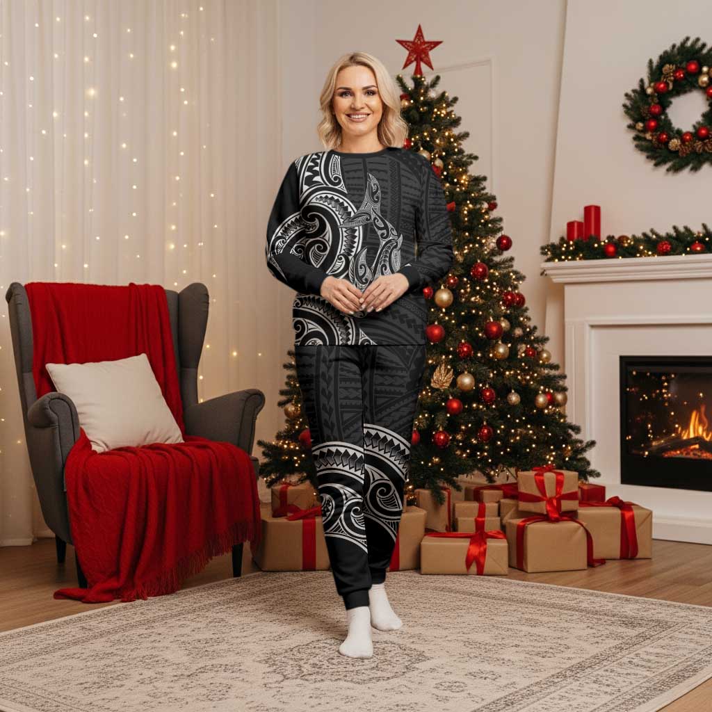 New Zealand Hammerhead Shark Christmas Pajama Set Maori Haehae Mangopare Black - Polynesian Pride