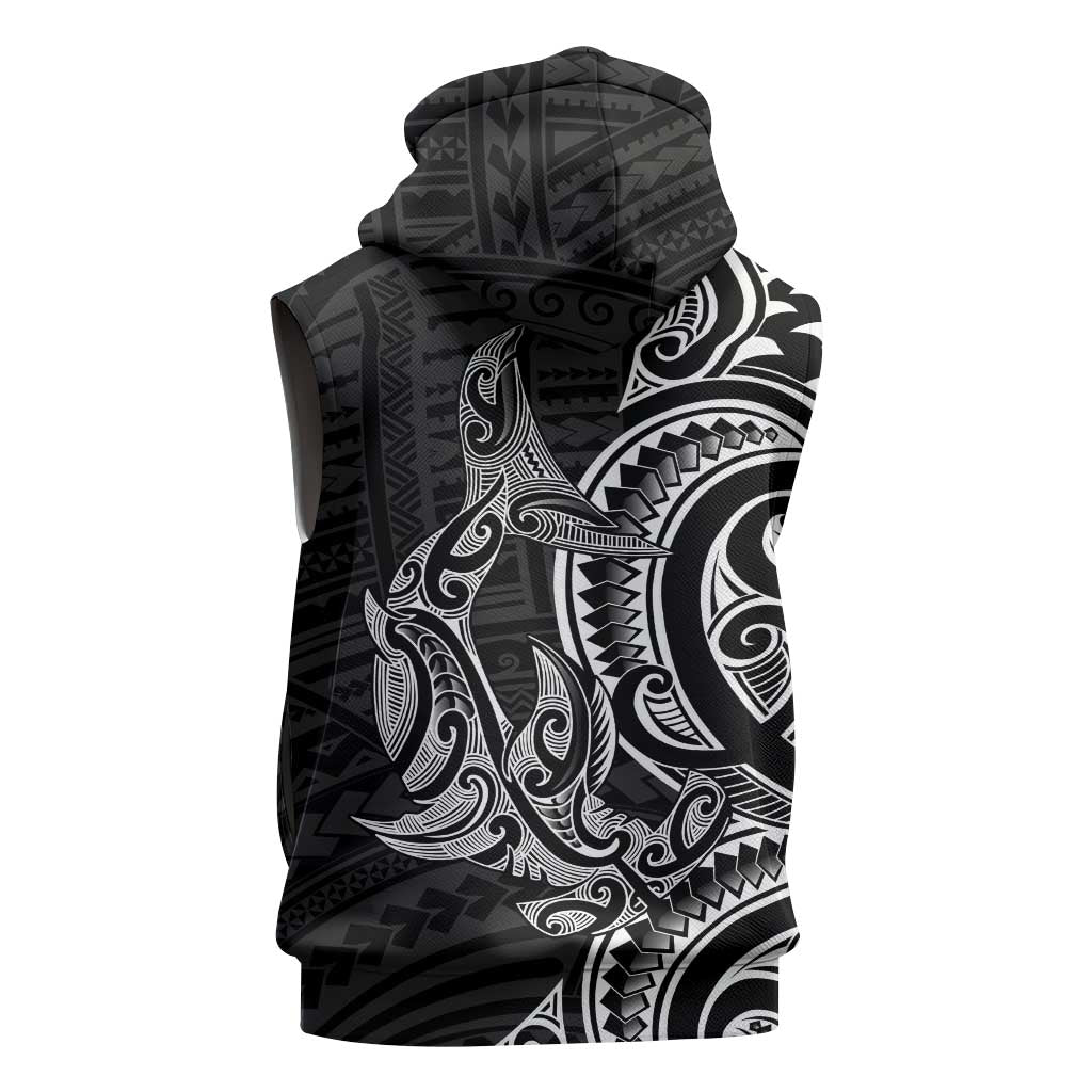 New Zealand Hammerhead Shark Sleeveless Hoodie Maori Haehae Mangopare Black - Polynesian Pride