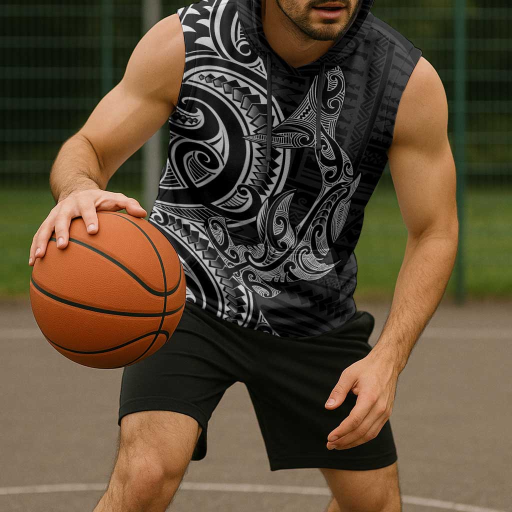 New Zealand Hammerhead Shark Sleeveless Hoodie Maori Haehae Mangopare Black - Polynesian Pride