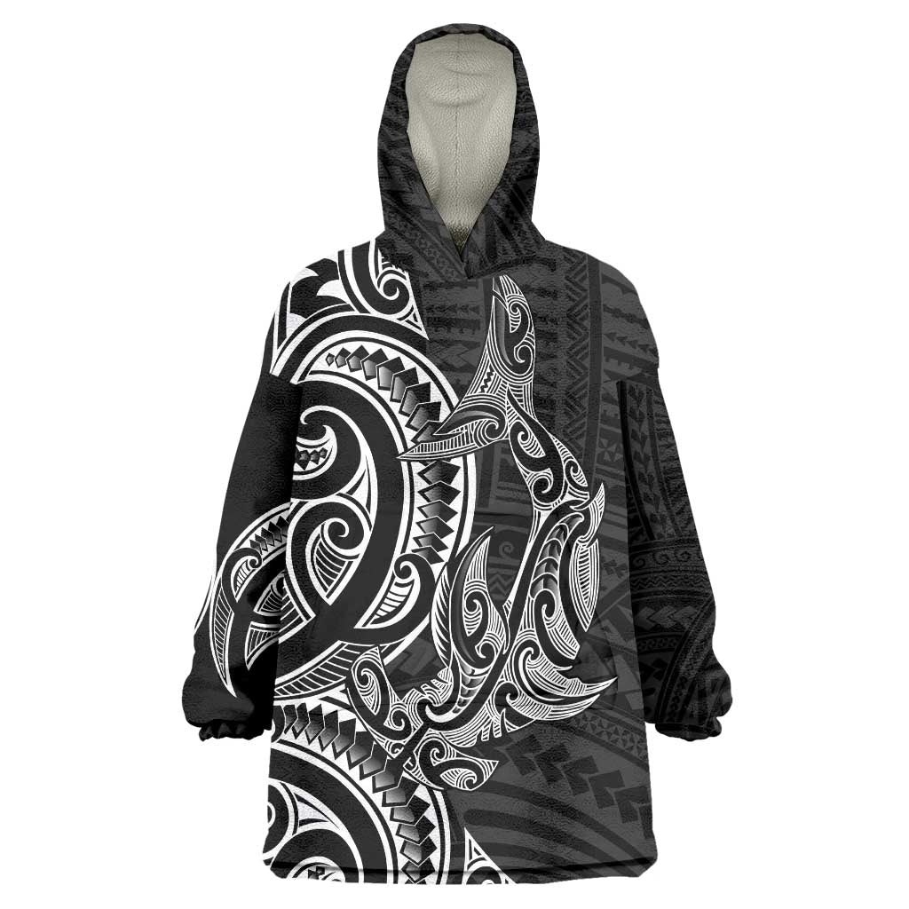 New Zealand Hammerhead Shark Wearable Blanket Hoodie Maori Haehae Mangopare Black - Polynesian Pride