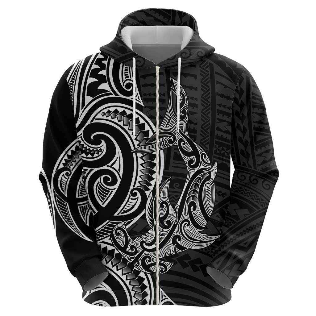 New Zealand Hammerhead Shark Zip Hoodie Maori Haehae Mangopare Black LT14 - Polynesian Pride